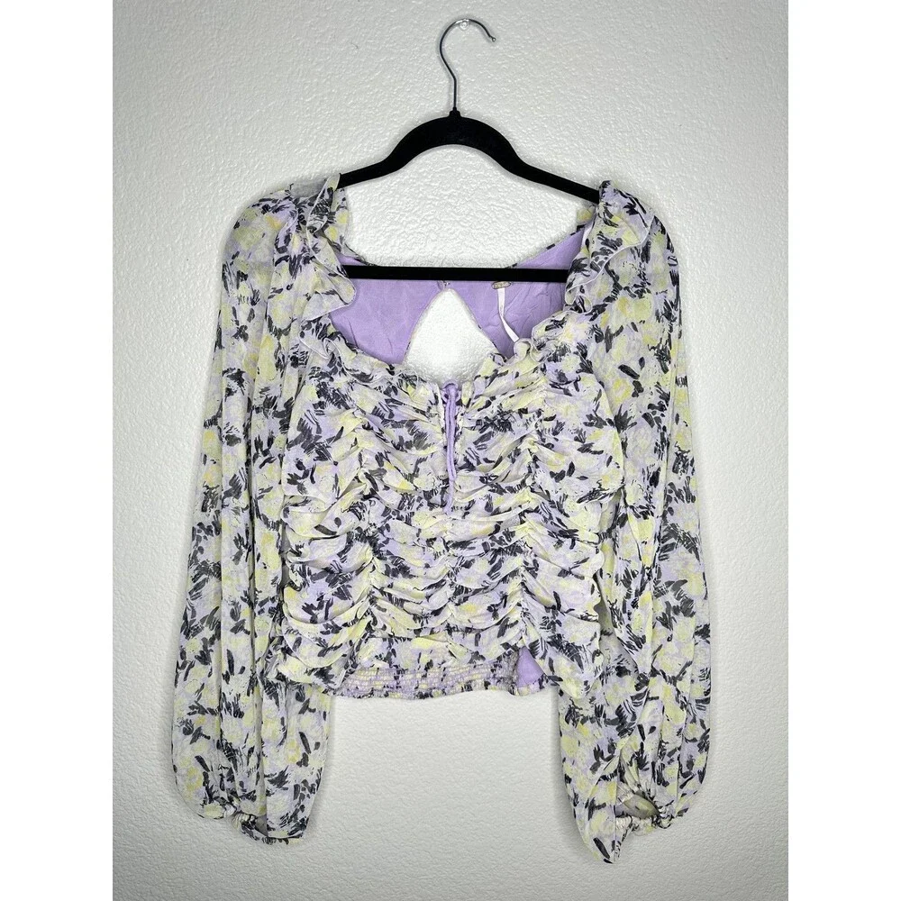 Free People Floral Ruched Blouse Womens Medium Long Sleeve Lace Up Smocked Back - Picture 1 of 6